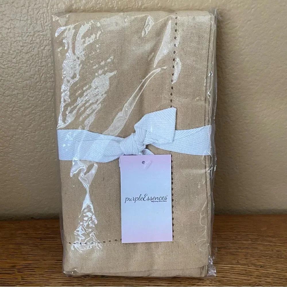 NWT New PurpleEssences Beige Hemstitch Table Runner Cotton 14 x 72